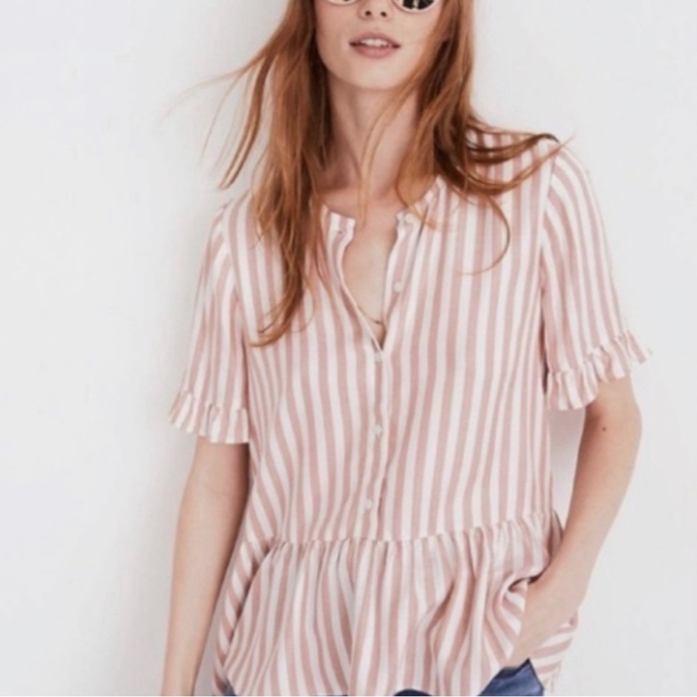 Madewell Pinestripe Peplum Button Blouse